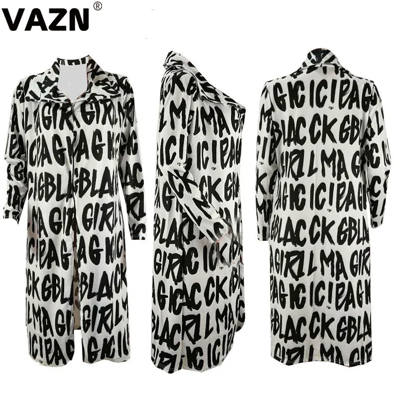 VAZN GHM16046, шикарный дизайн, осень, сексуальная Женская длинная рубашка с длинным рукавом, с буквенным принтом, длина до колен, рубашка для девушек, уличная одежда, крутая рубашка