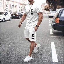 

Men T Shirt Set Pure Color Letter K Print Casual Shorts 2 Pieces Trend Short Sleeve O-neck T-shirt Male Sportswear Harajuku