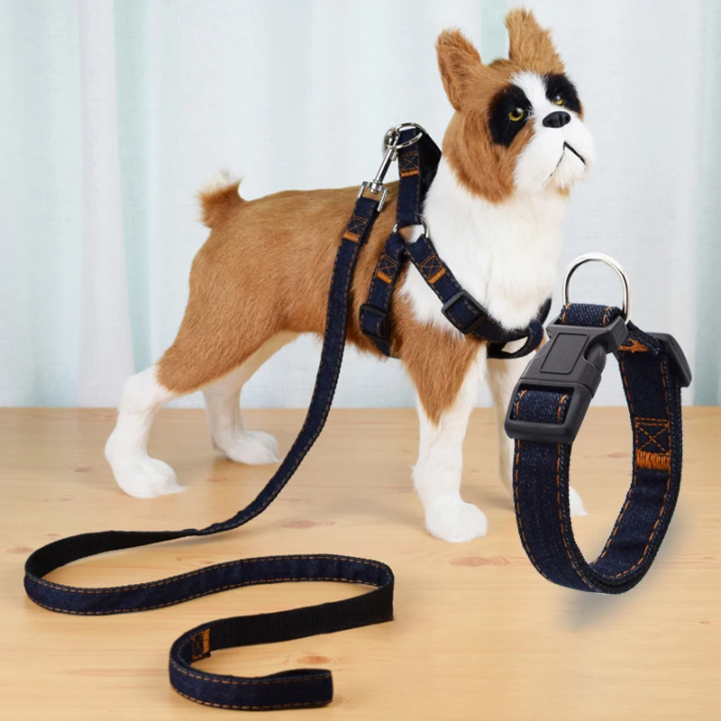 Durable Jeans No Pull Dog Harness and Leash Set for Puppy Small Medium Dogs 