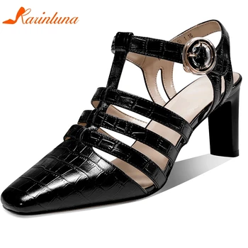 

Karinluna Hot Sale 2020 Genuine Leather Gladiator Sandals Woman Shoes Strange Style Buckle Strap Solid Office Lady Sandals