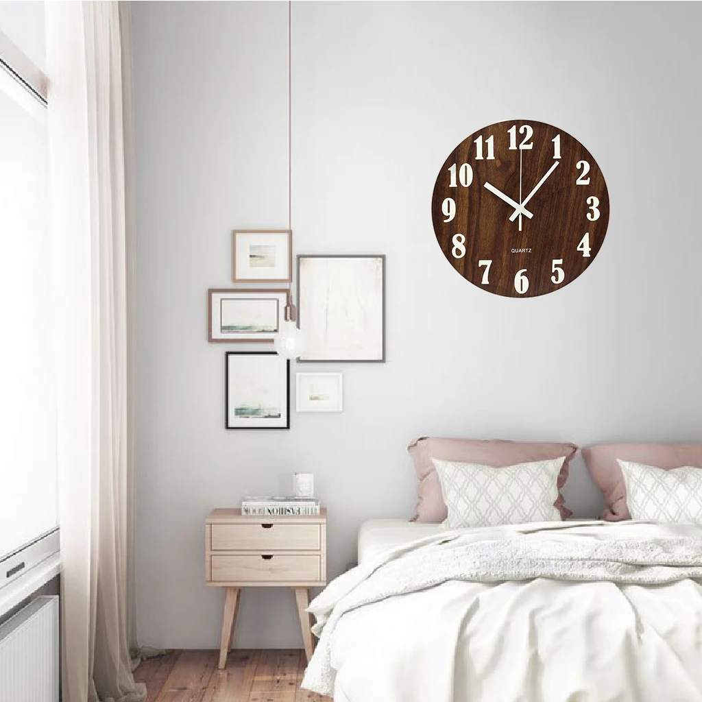 Luminous Non-ticking Wood Wall Clock 30cm Round Silent Glow in the Dark Clock for Living Room Bedroom Wall Desk Decor