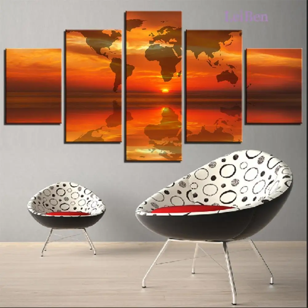 

Home Decoration Living Room Five-Piece Set Hd Mural Sunset Map and Ocean Art Poster Modular Printed Canvas Painting Frameless