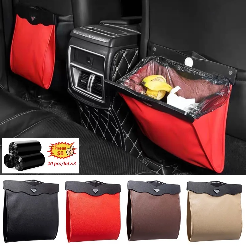 Car Garbage Bag Leather Trash Can Car Seat Back Hanging Storage Bag LED Hides Folding Organizer Garbage Bin Accessories