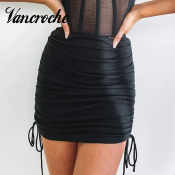 

Vancroche Ruched Mini Skirt Sexy High Waist Stretchy Party Fashion Women Solid Bodycon Ribbed Women Black Skirt