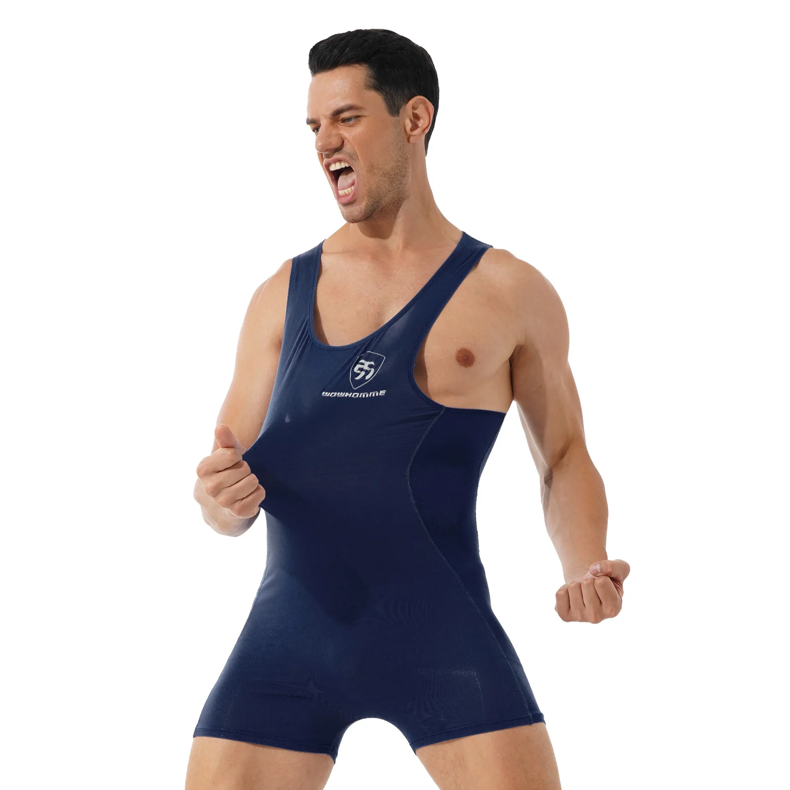 TiaoBug Men Round Neck Sleeveless Workout Sport Swimming Bodysuit Athletic Wrestling Boxers Fitness Gym Jumpsuit Leotard