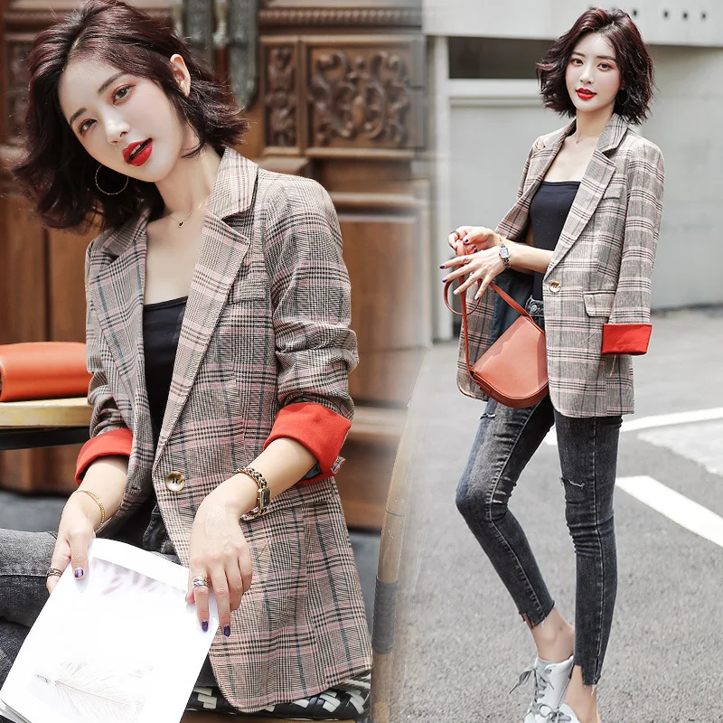 

Plaid Suit Coat WOMEN'S Dress Autumn 2019 New Style Korean-style Fashion Mid-length Elegant Ol Long Sleeve Casual Suit