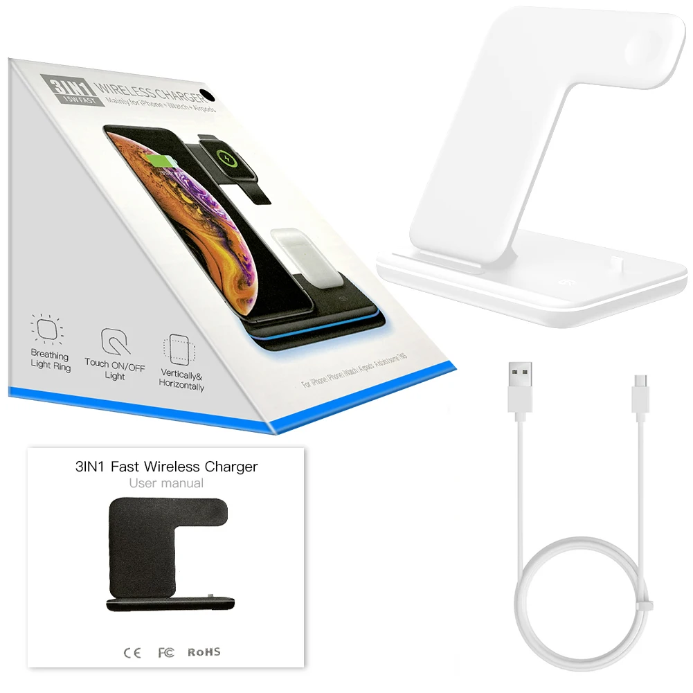 3 в 1 Беспроводное зарядное устройство для iPhone 11 Pro XS MAX XR X samsung Note 10 9 8 Apple Watch AirPods светодиодный светильник 15 Вт Быстрая зарядка - Тип штекера: White
