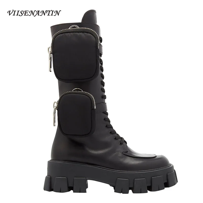 

2019 Latest Style New women shoes Arrival Pocket Motorcycle Boots Handsome Lace Up Thick-soled Black Military Shoes Half Boots