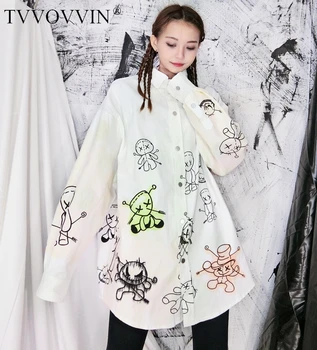 

TVVOVVIN 2020 turn-down collar full sleeves printed wide big size girl's shirt spring and summer female blouse LC9I