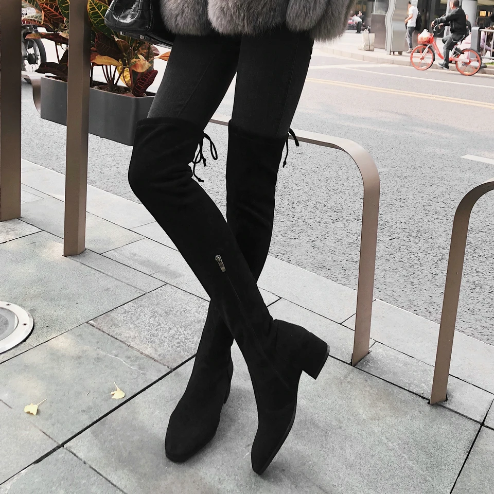 EshtonShero/обувь женские сапоги выше колена, на квадратном каблуке, на молнии, с эластичной резинкой, зимние женские мотоциклетные сапоги Размер 3-9