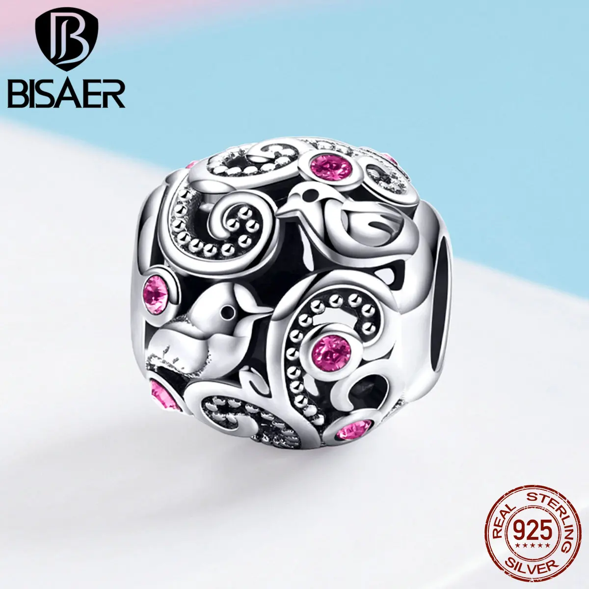 BISAER 925 пробы Серебряный Розовый CZ Любовь Птицы и цветы круглый мясо бусины Подходит для WomenCharm браслет подарок на Новый год GXC1014