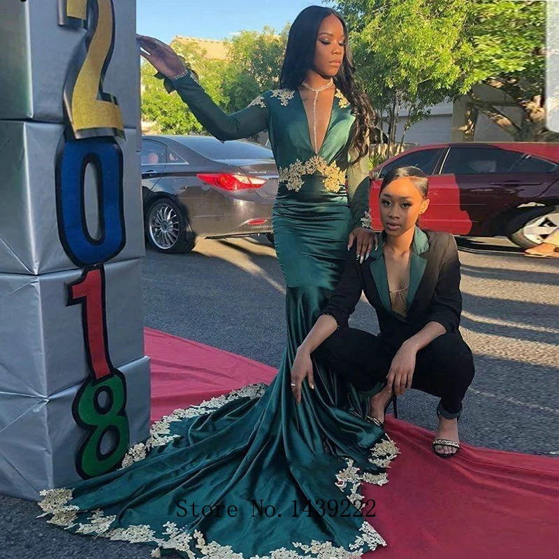 Green Satin Evening Dresses Prom Golden Lace Appliques Backless Brush Train Vestidos De Fiesta De Noche Robe De Soiree Plus Size