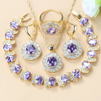 

Gold Color Purple Crystal Dubai Women Wedding Costume Round Dangle Earrings/Bracelet/Necklace And Ring Four-Piece Jewelry Sets