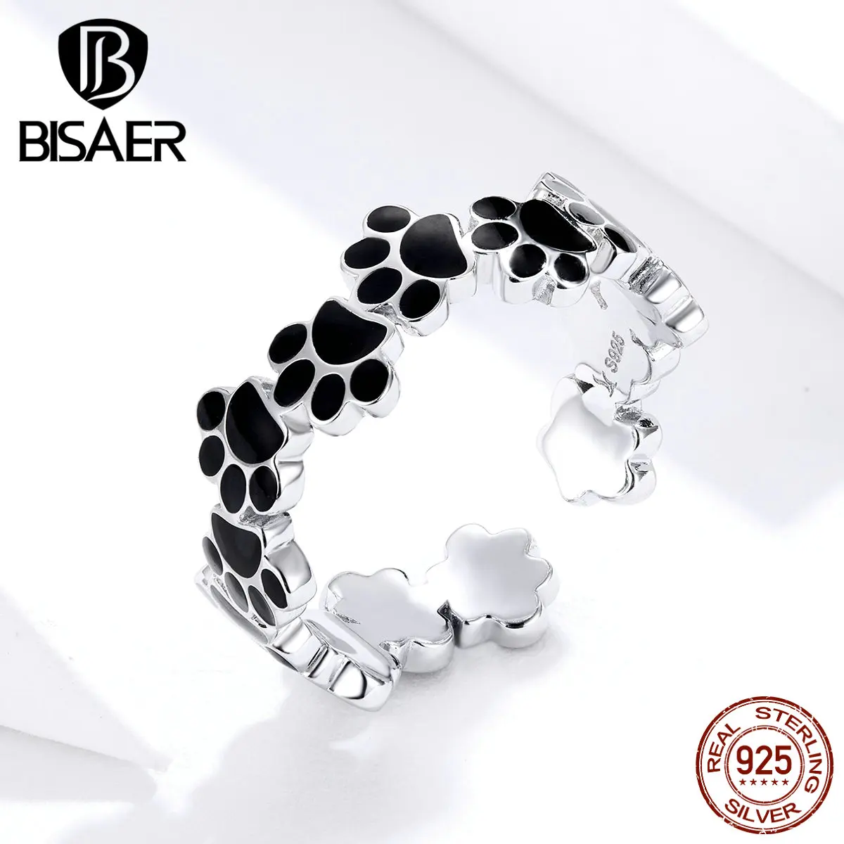 

Footprints Rings BISAER 925 Sterling Silver Black Enamel Dog Doggy Cat Footprints Finger Rings for Women Jewelry ECR603