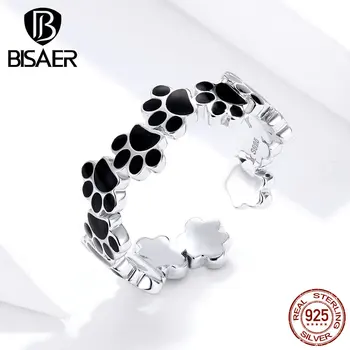 

Footprints Rings BISAER 925 Sterling Silver Black Enamel Dog Doggy Cat Footprints Finger Rings for Women Jewelry ECR603