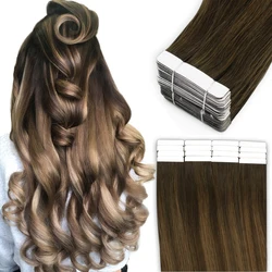 POPUKAR Tape in Hair Extensions Seamless Straight 16-24 Inches 50g 20Pcs Chestnut Brown Real Huamn Hair for Women Free Shipping
