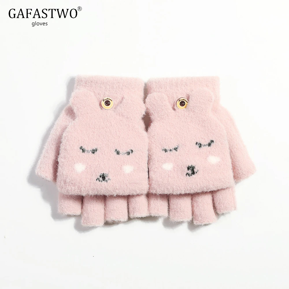 pink Модные женские зимние Плюшевые Вязаные перчатки; женские перчатки на половину пальца; бархатные толстые теплые перчатки с милым кроликом из мультфильма - Цвет: pink