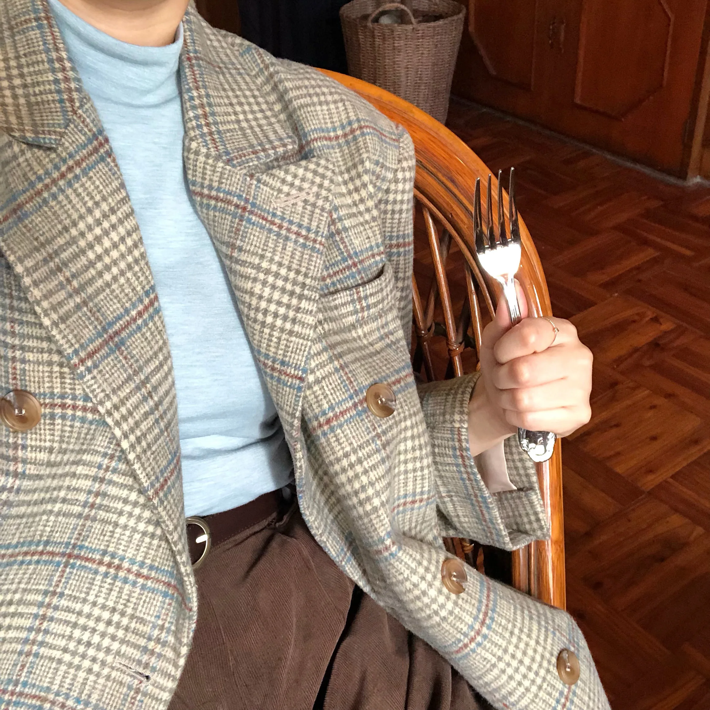 Корейский стиль, женские куртки, осень и зима, новинка, женские куртки, клетчатый двубортный шерстяной пиджак, Женский F481
