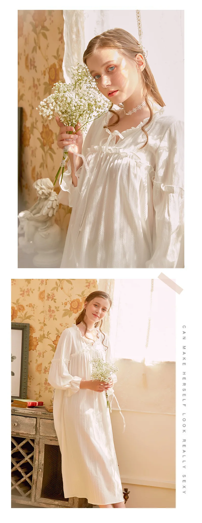 Womens Spring and Summer Sleeping Dress Princess Palace Vintage Night Gown Viscose Long Sleeves White Sleep Wear Sleepshirts