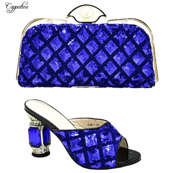

High class royal blue with squins African evening shoes with purse bag set for lady 398-1 heel height 10.5cm