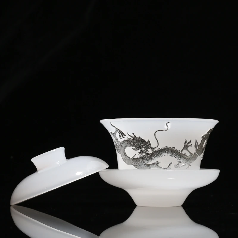 

Jade Porcelain Plated Silver Dragon Ceramic Drinkware Cover Bowl Teacup Sancai Gaiwan Tea Bowl Kung Fu Puer Tes Set Tea Cups