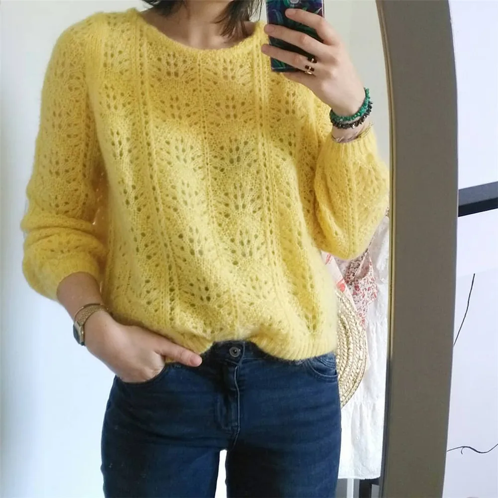 Французские вязаные из мохера изделия, ажурный вязаный свитер, женские осенние и зимние пуловеры с длинным рукавом розового цвета, женские свитера - Цвет: Цвет: желтый