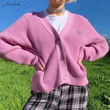 

Macheda Autumn Winter Pink Casual Sweater Women Fashion Knitting Single Breasted Long Sleeve V Neck Cardigan Lady Top Clothing