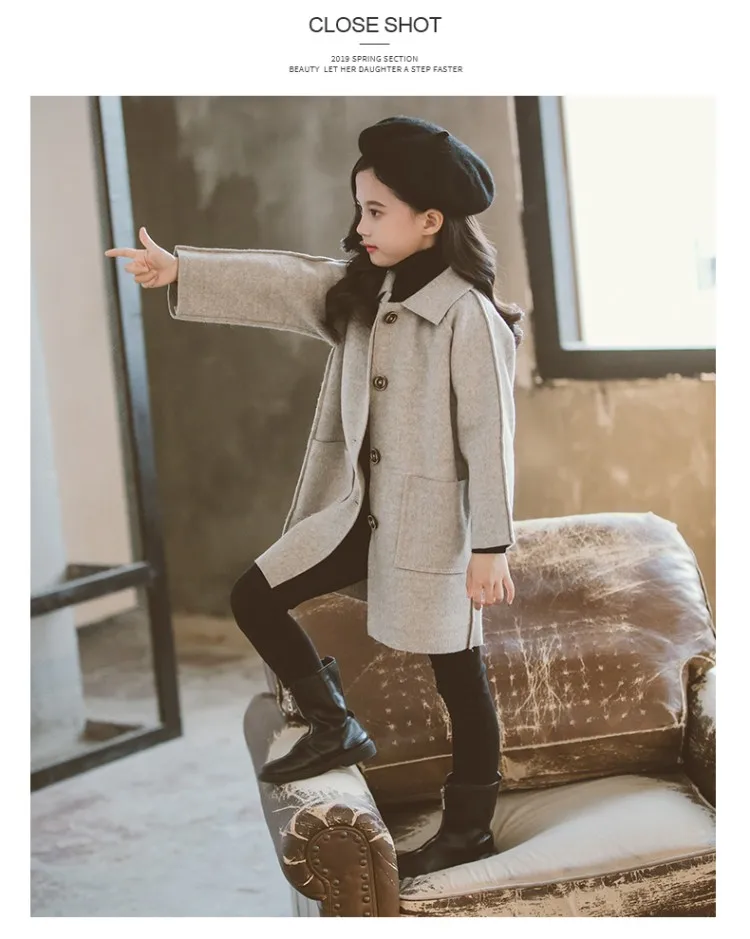 Детская шерстяная куртка, верхняя одежда осень-зима, шерстяное пальто для девочек, длинный Тренч для девочек, одежда для отдыха, B332