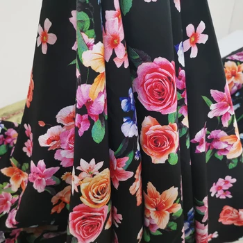 

100cm*140cm Bright Digital Print Rayon Fabric Rose Floral Viscose Dress Skirt Material Black