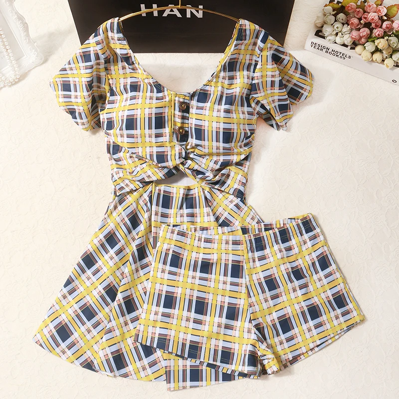 Japanese Swimsuit Girls Suits Swimming Swimwear With Skirt Swim Tankini Hot 2020 women swimsuits two-piece yellow plaid tankini | Женская
