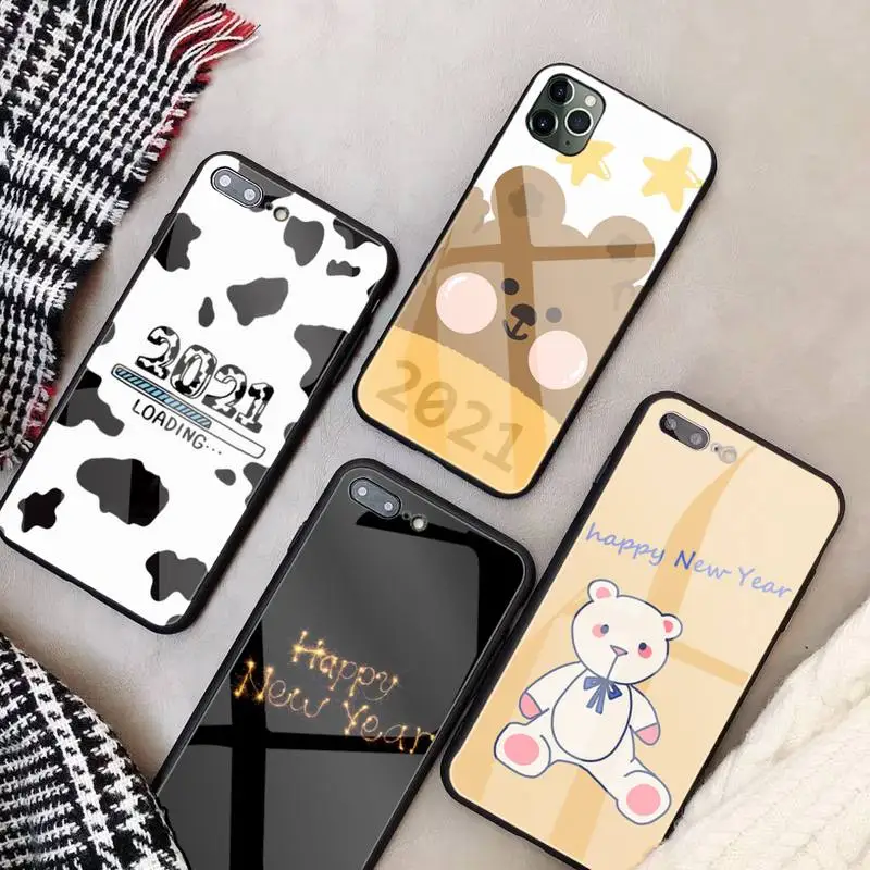 

Happy New Year 2021 Glass Phone Case Fundas Coque for IPhone 12 11 Pro Max Cases XR XS 7 8 Plus Cover Accessories Carcasa