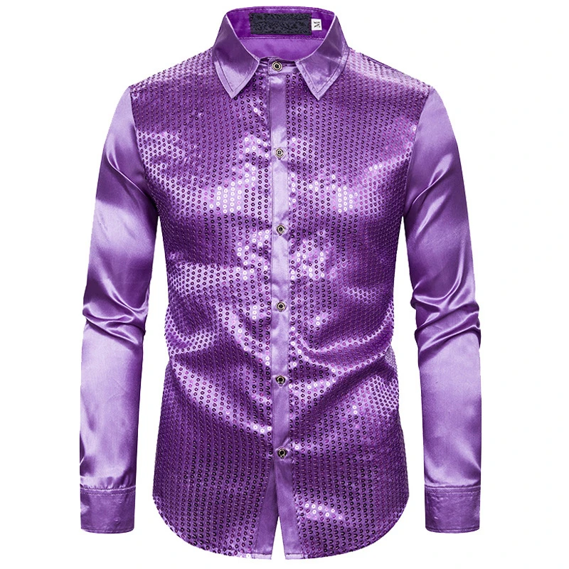 Новые мужские шелковые атласные блестящие рубашки мужские однотонные длинный рукав ночной клуб вечерние Золотая рубашка S-2XL - Цвет: Фиолетовый