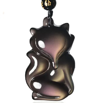 

2019 Natural gold meteorite real ice rainbow obsidian fox pendant for men women gold obsidian pendant Necklace with beads chain