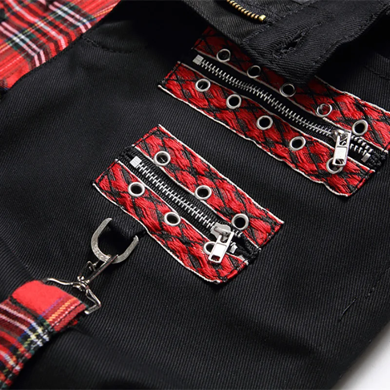 Men Punk Jeans Trendy Scotland Plaid Tartan Black Denim Pants Streetwear Rivet Patchwork Spliced Slim Straight Trousers 3