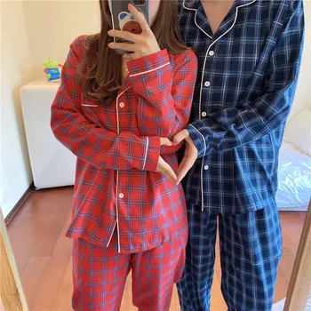 

Autumn Plaid Pajamas Long Sleeve Pair of Pajamas Korean V-neck Cardigan Casual Loose Home Service Suit New Couple Pajama Set