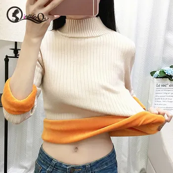 

Fashion Sweaters Women 2019 Winter Knitted Tops Turtleneck Bottoming Velvet Thick Warm Pullover Sweater For Women Top