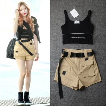 

Kim Hyun A Same Set Women Summer Hot Black Vest Tops Khaki Casual High Waist Loose Shorts Cargo Pants With Belt
