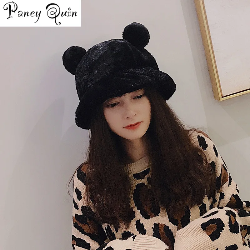 

Hats Girl Winter Lovely Soft Rabbit Fur bucket hat warm floppy bucket Cap Cute double ball decoration winter hats for women