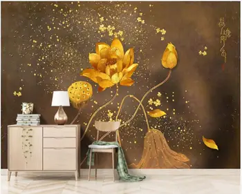 

3d wall murals wallpaper Golden background wall hand painted lotus background decorative painting golden lotus