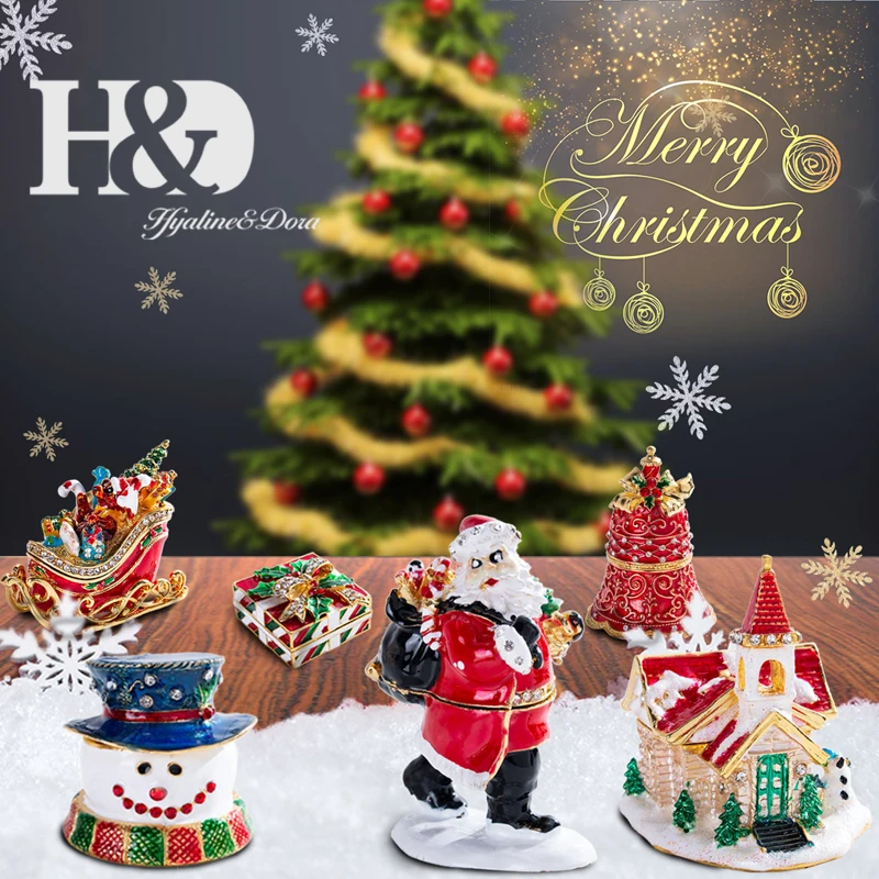 H& D 6 стилей, ручная роспись, коробки для безделушек, статуэтка, украшенная камнями, Санта Клаус, медведь, сани, Рождественский узор, шарнирная коробка для ювелирных изделий, Рождественский подарок