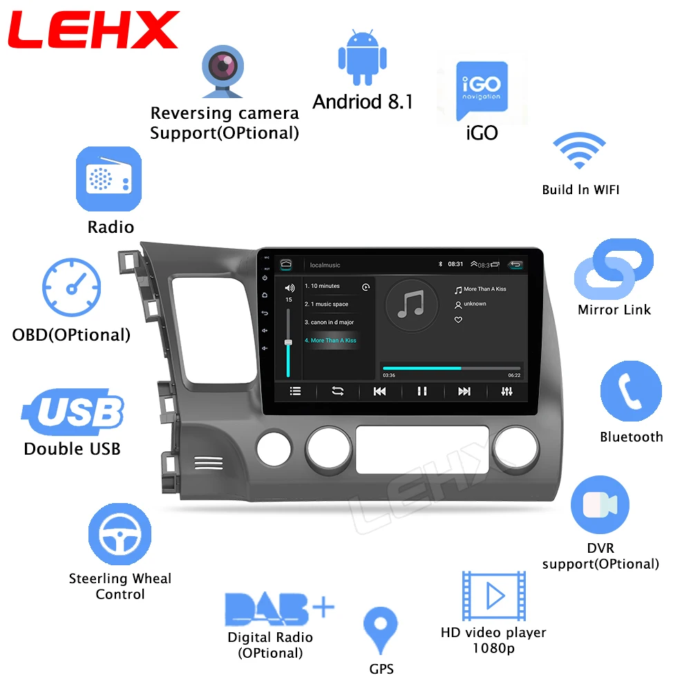 LEHX 2Din Android 8,1 автомобильный Радио мультимедийный плеер для Honda Civic 2006-2011 Автомобильный навигатор gps 10,1 дюймовый видео-плеер с dvr
