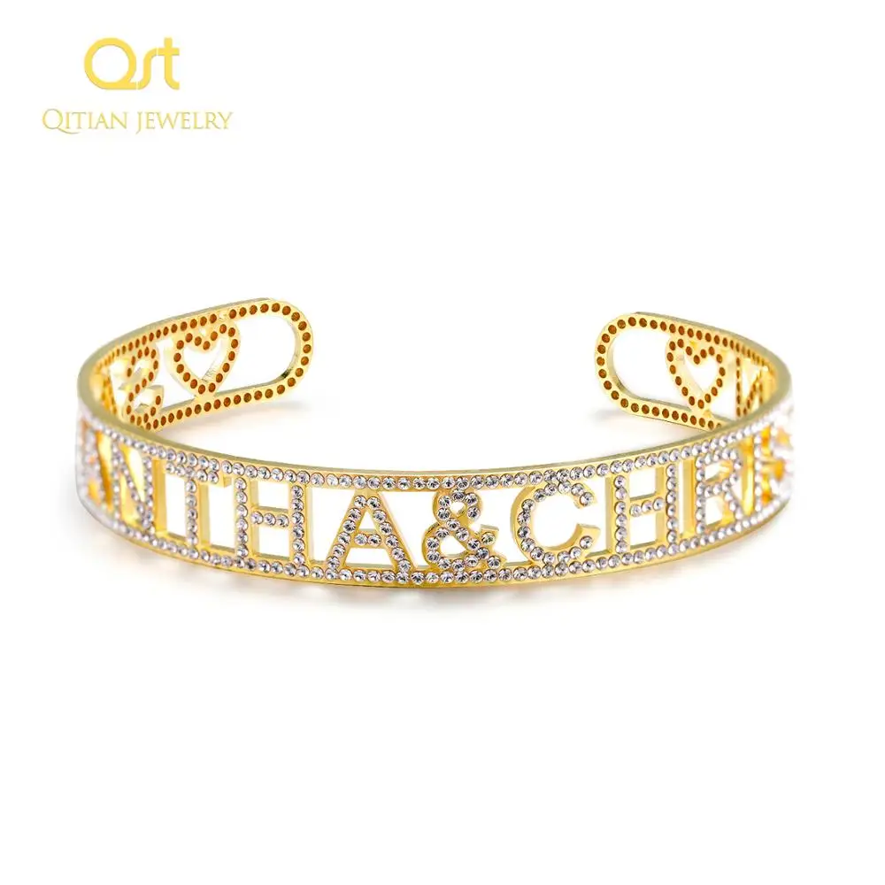 

Gold Name Bangles Iced Out Personalized ID Family Lover Nameplate Faith Letter Bangles & Bracelet Stainless Steel Adjusted