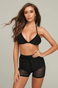 

New Arrival Sexy Backless Halter Mesh Diamonds Two Piece Women Set 2019 Celebrity Designer Women's Set