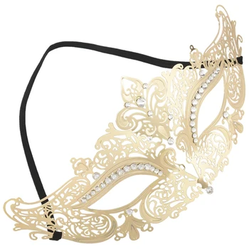 

Glossy Metal Filigree Phantom Half Face Mask for Venetian Masquerade (Gold/White Stones)