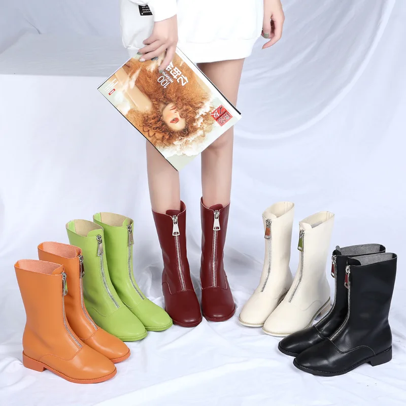 

New Arrival Retro Martin Leather Boots Female Front Zipper Mid-calf Boot Tube Round Head Wild Beige Boots