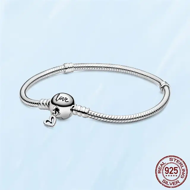 TOP SALE 925 Sterling SILVER Heart Snake Chain Fashion Bracelets For Women Fit Original Pandora Charm Beads Jewelry Gift PTB034