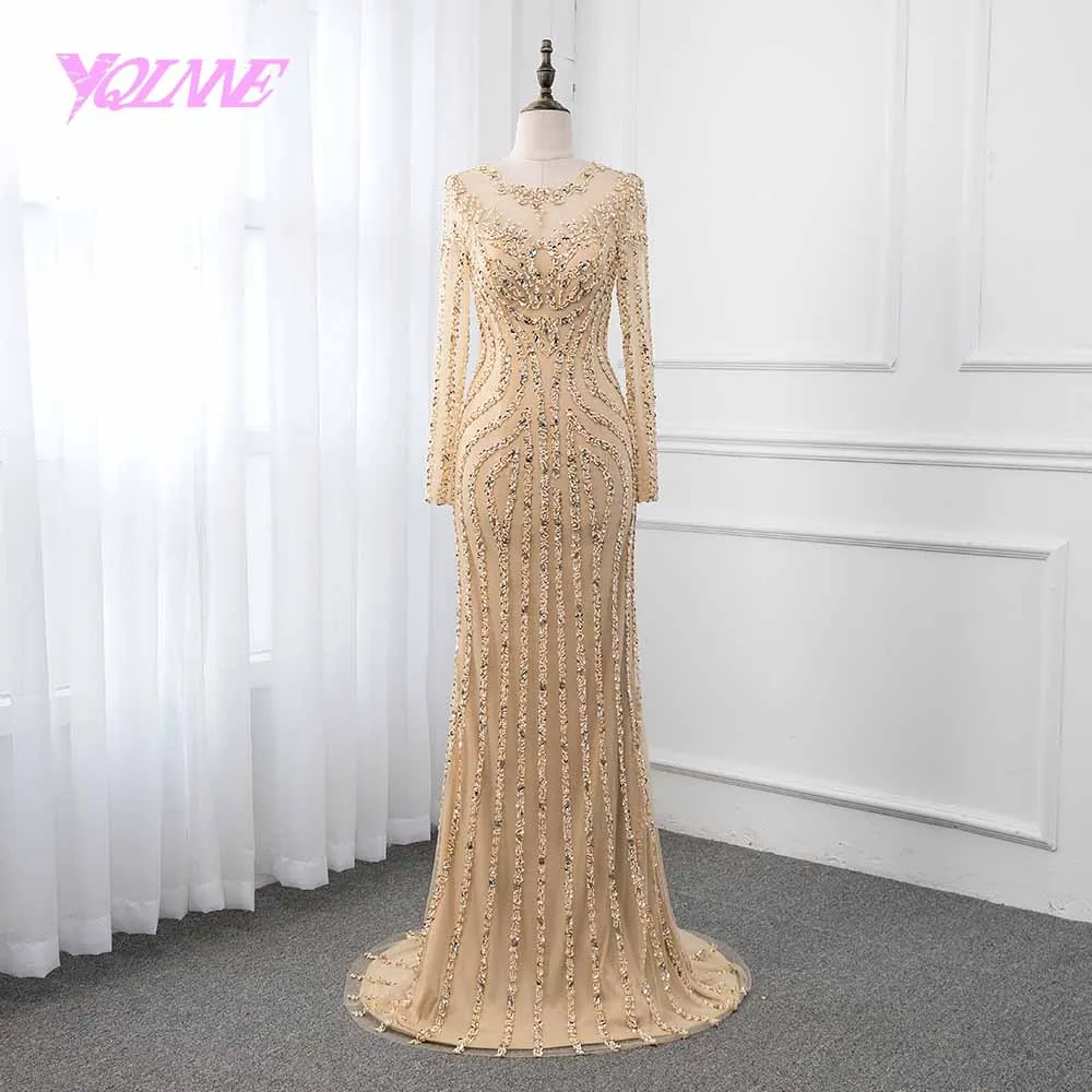 YQLNNE золото с длинным рукавом вечернее платье Русалка кристаллы бисер пышные платья Robe de Soiree