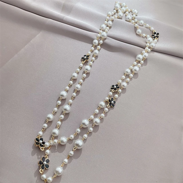 Luxury Full Pearl Necklace for Women Enamel Camellia Long Sweater