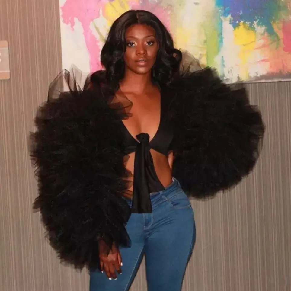 Fluffy Tulle Tiered Sleeve No Crops Tops Shirt