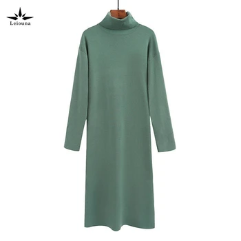 

Leiouna Long Size Solid Flat Knitted Casual Sweater Office Womens Dresses Warm Femme 2020 Fashion Winter Women Jumper Knitted